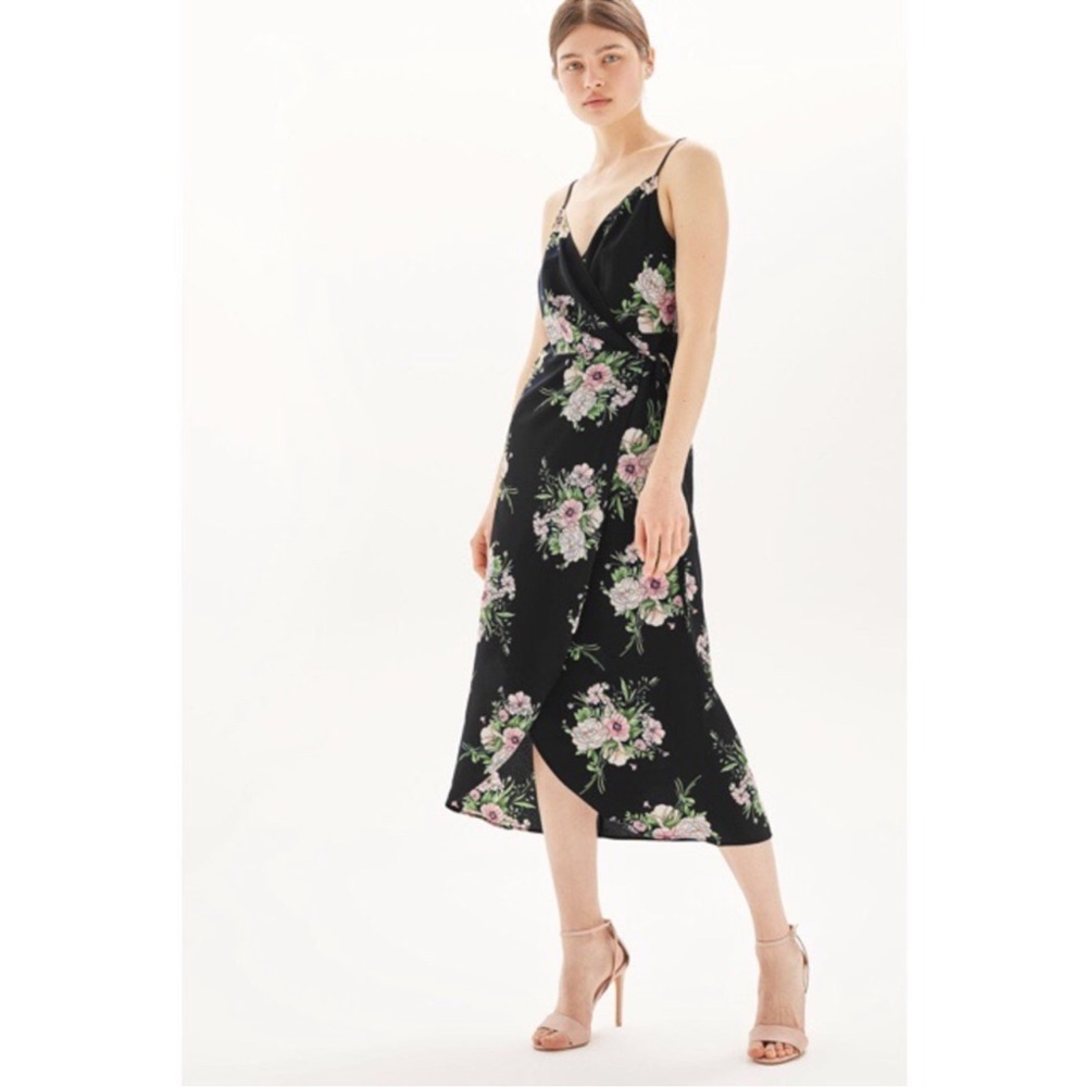 Topshop black pink Floral Wrap Dress romantic feminine Sz 2 summer beach